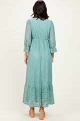 Blue Floral Lace 3/4 Ruffle Sleeve V-Neck Maxi Dress