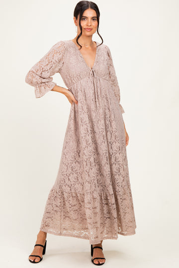 Mocha Floral Lace 3/4 Ruffle Sleeve V-Neck Maxi Dress