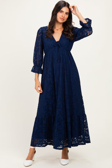 Navy Floral Lace 3/4 Ruffle Sleeve V-Neck Maxi Dress