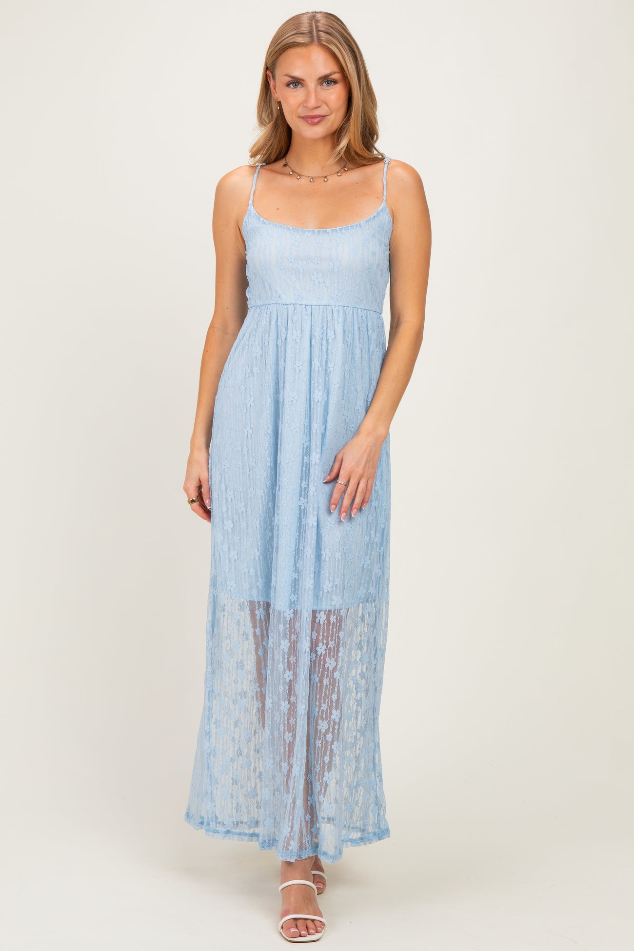 Light Blue Sleeveless Lace Maxi Dress