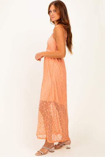 Peach Sleeveless Lace Maxi Dress