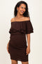 Brown Off Shoulder Ruched Maternity Dress