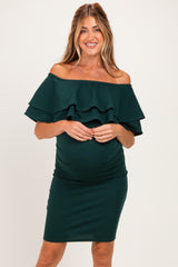 Hunter Green Off Shoulder Ruched Maternity Dress