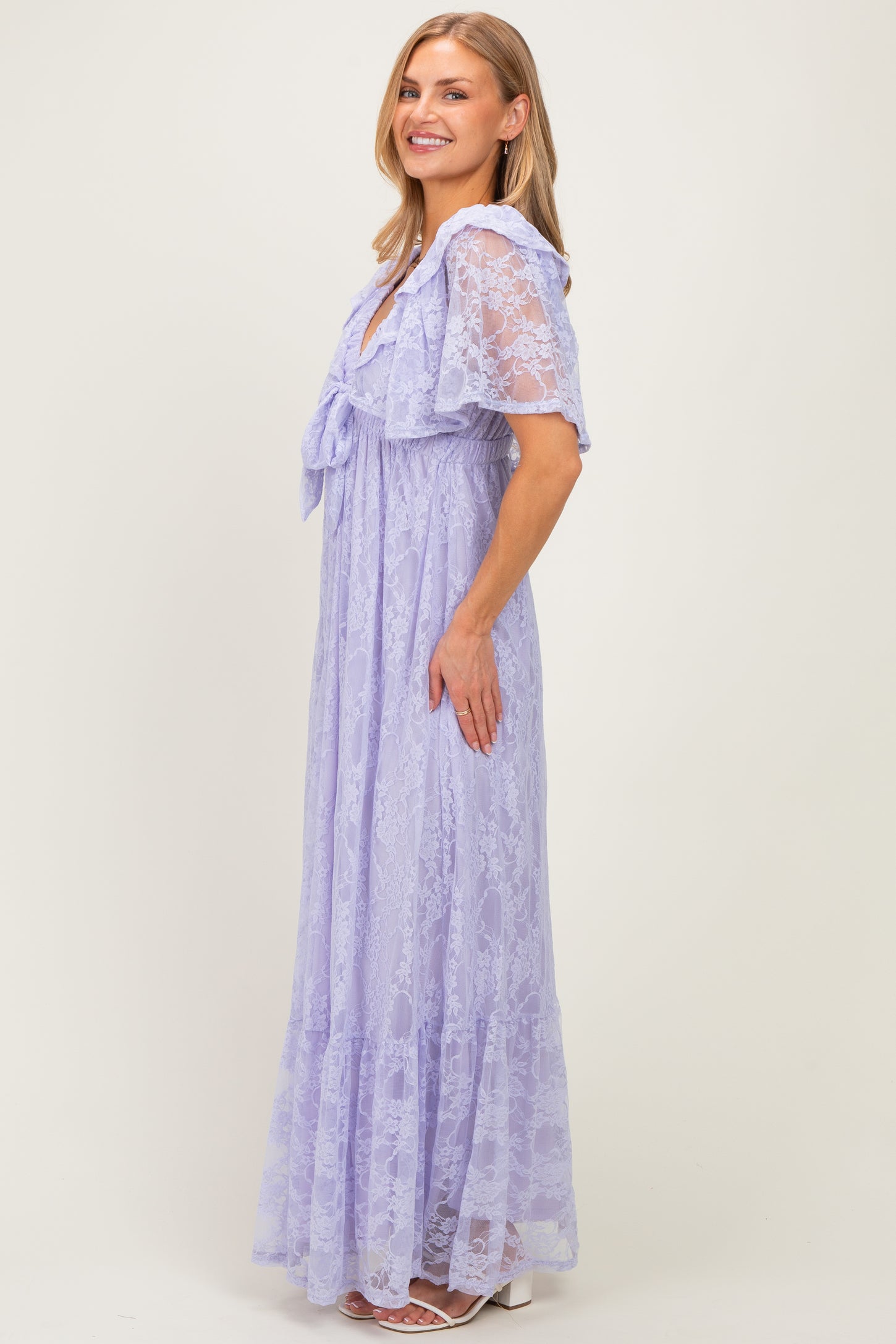 Lavender Lace Flutter Sleeve Tiered Maxi Dress