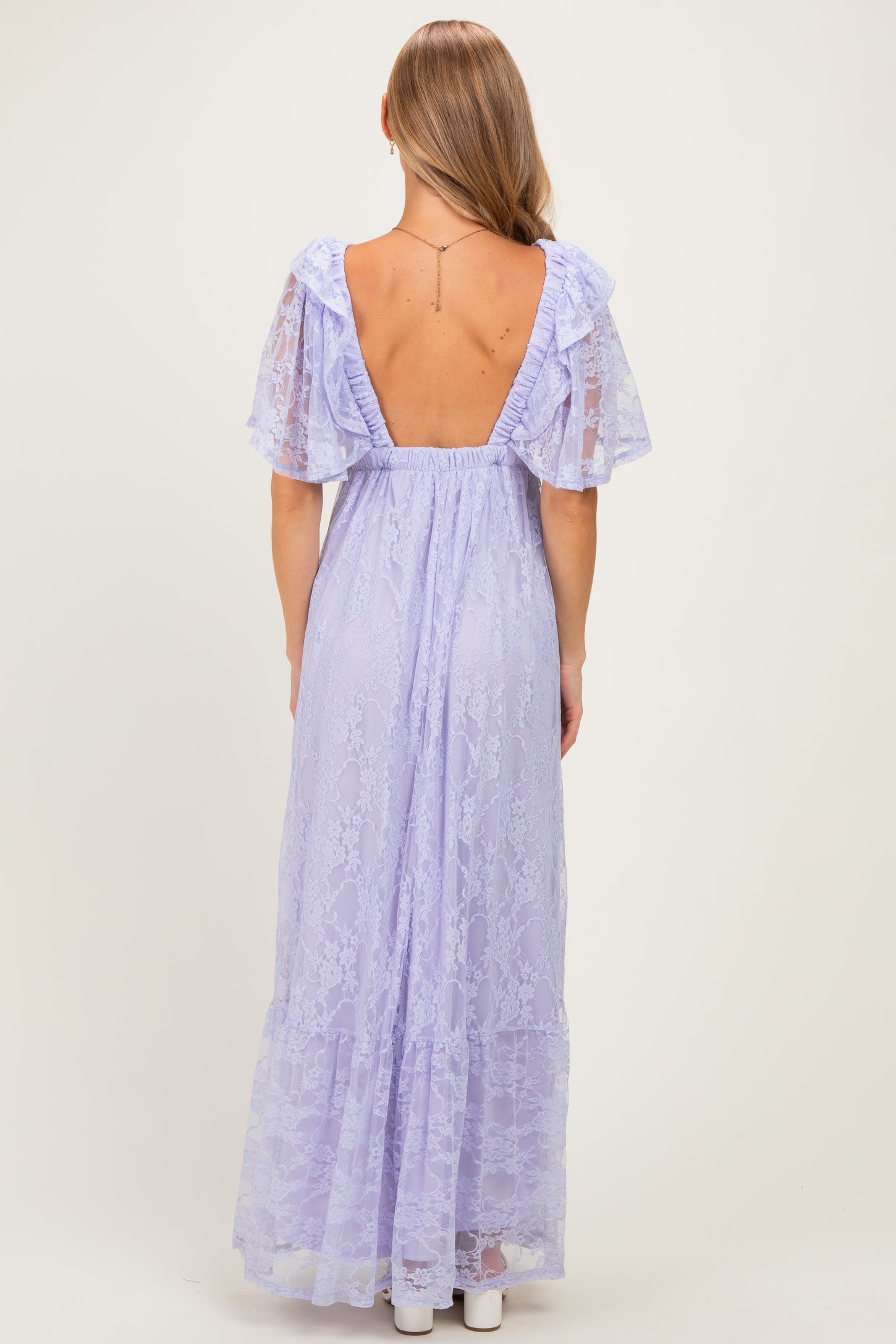Lavender Lace Flutter Sleeve Tiered Maxi Dress