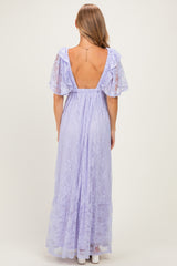 Lavender Lace Flutter Sleeve Tiered Maxi Dress