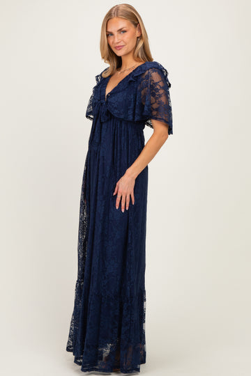 Navy Lace Flutter Sleeve Tiered Maxi Dress
