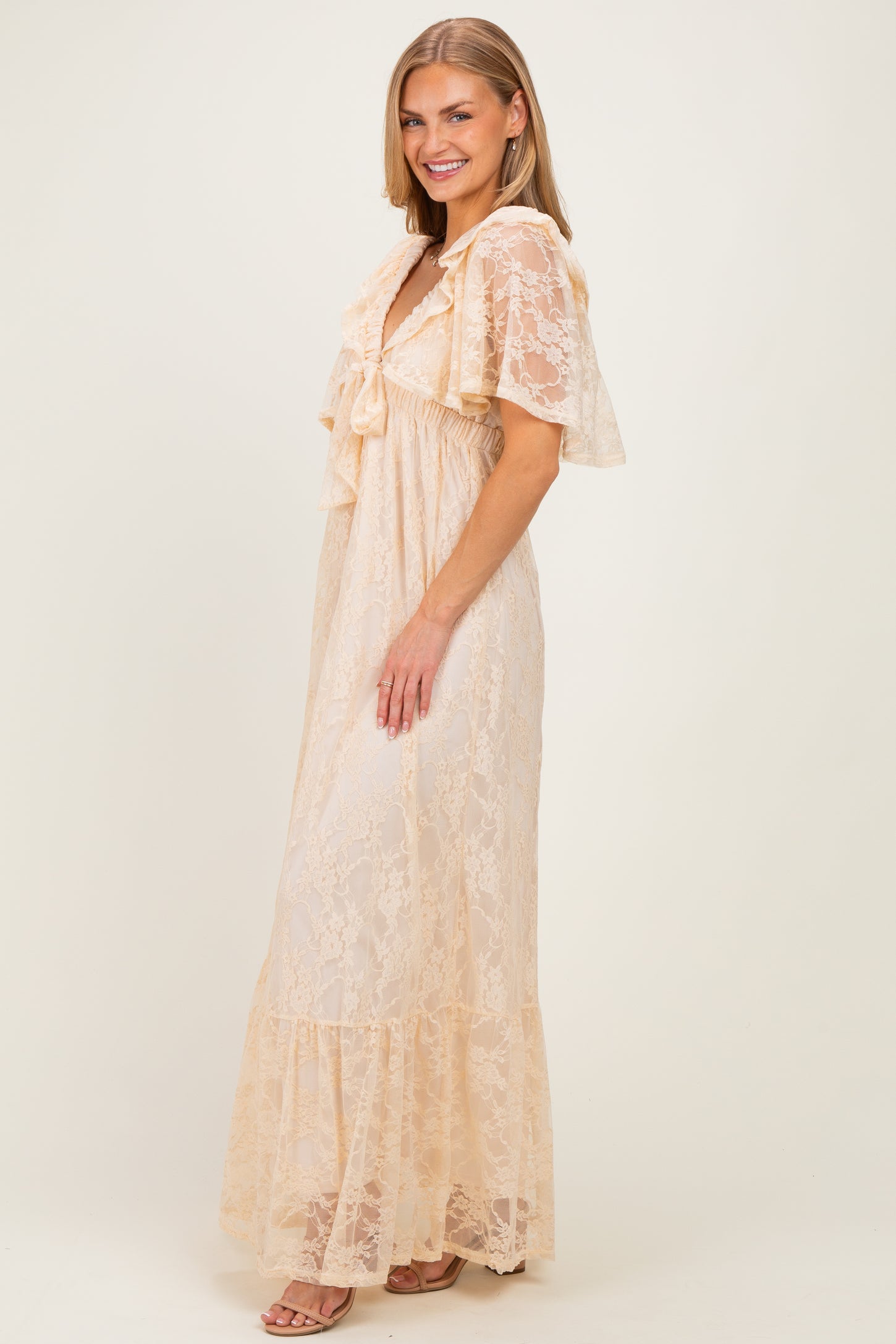 Beige Lace Flutter Sleeve Tiered Maxi Dress