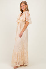 Beige Lace Flutter Sleeve Tiered Maxi Dress