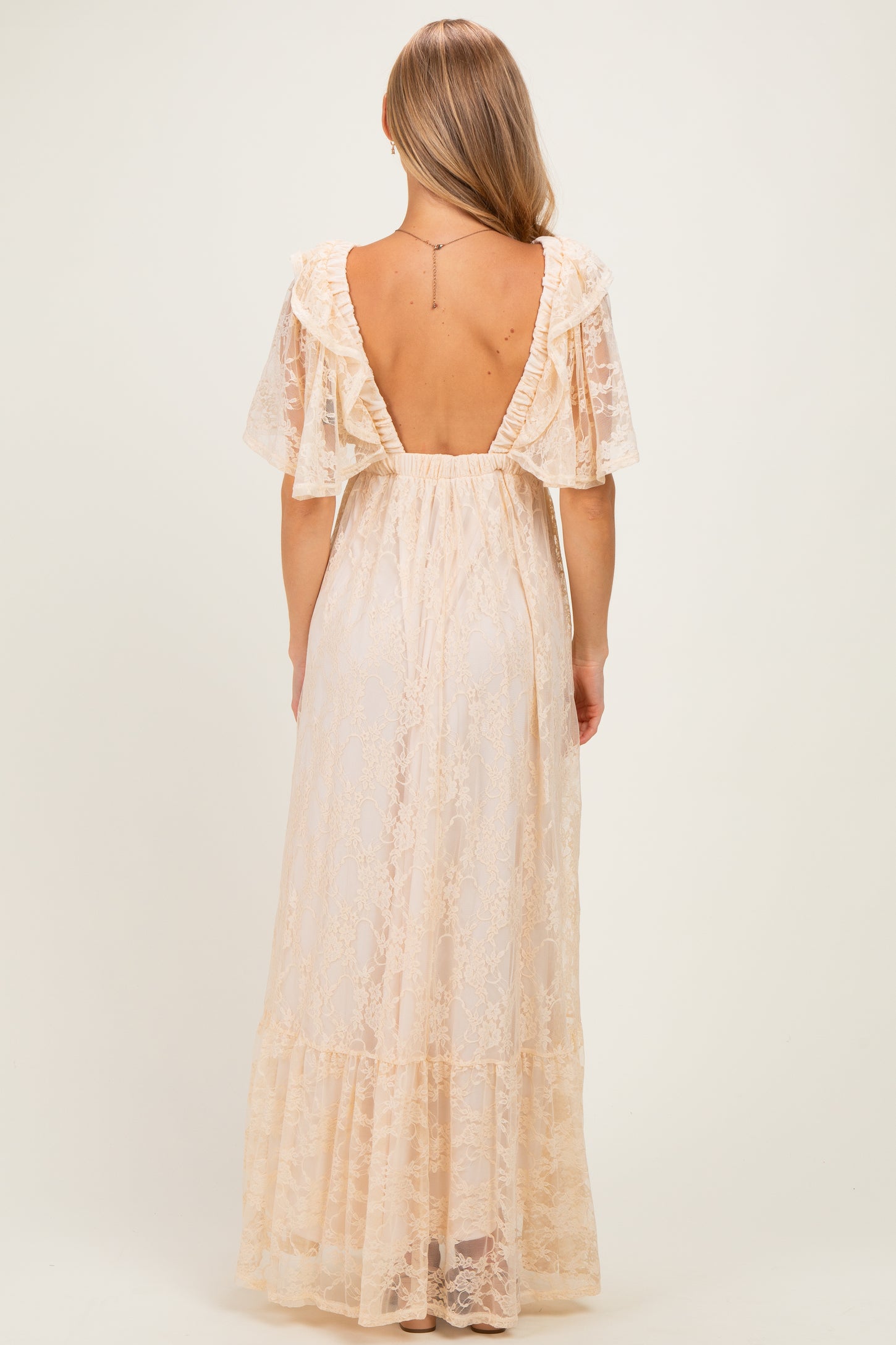 Beige Lace Flutter Sleeve Tiered Maxi Dress