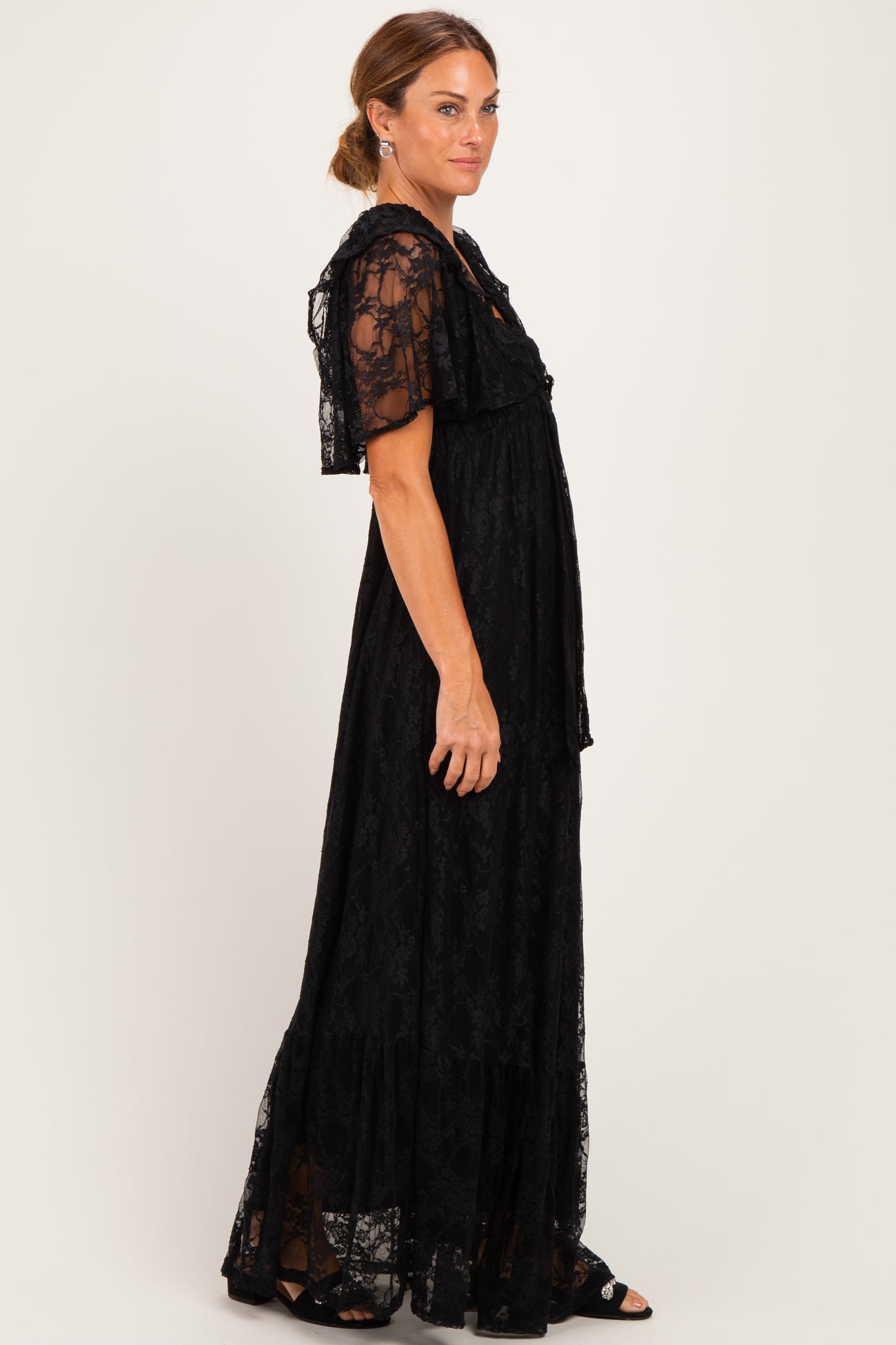 Black Lace Flutter Sleeve Tiered Maxi Dress