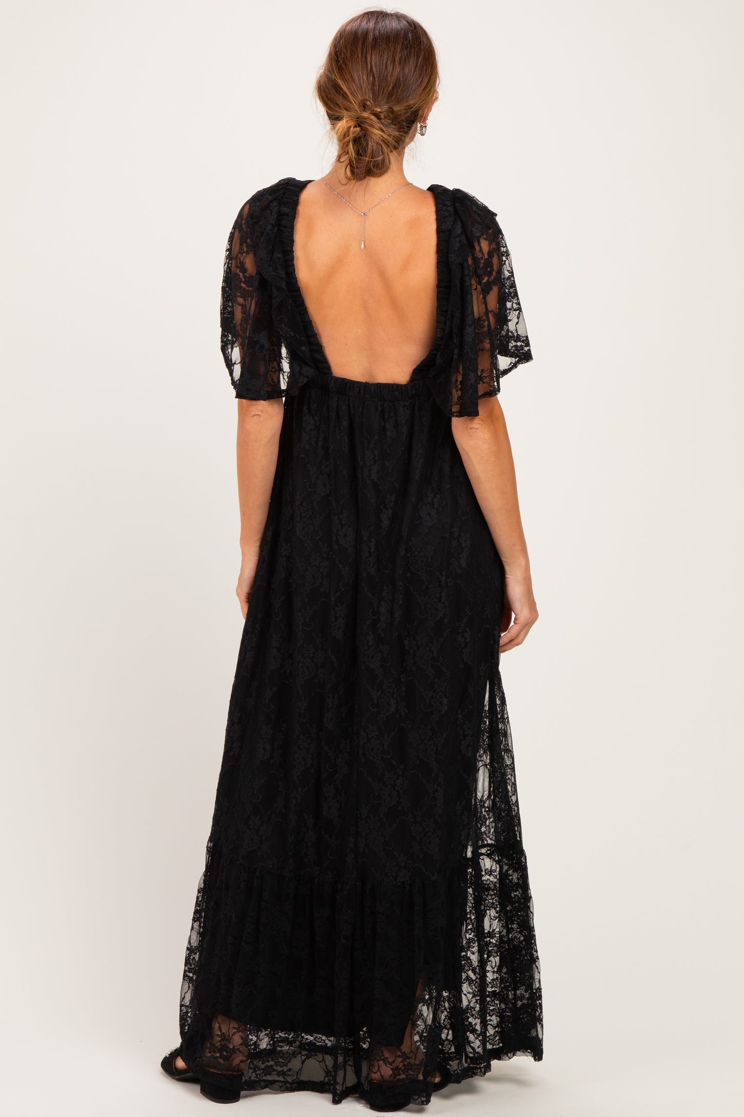 Black Lace Flutter Sleeve Tiered Maxi Dress