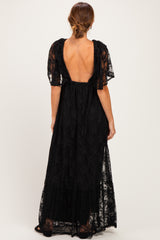 Black Lace Flutter Sleeve Tiered Maxi Dress