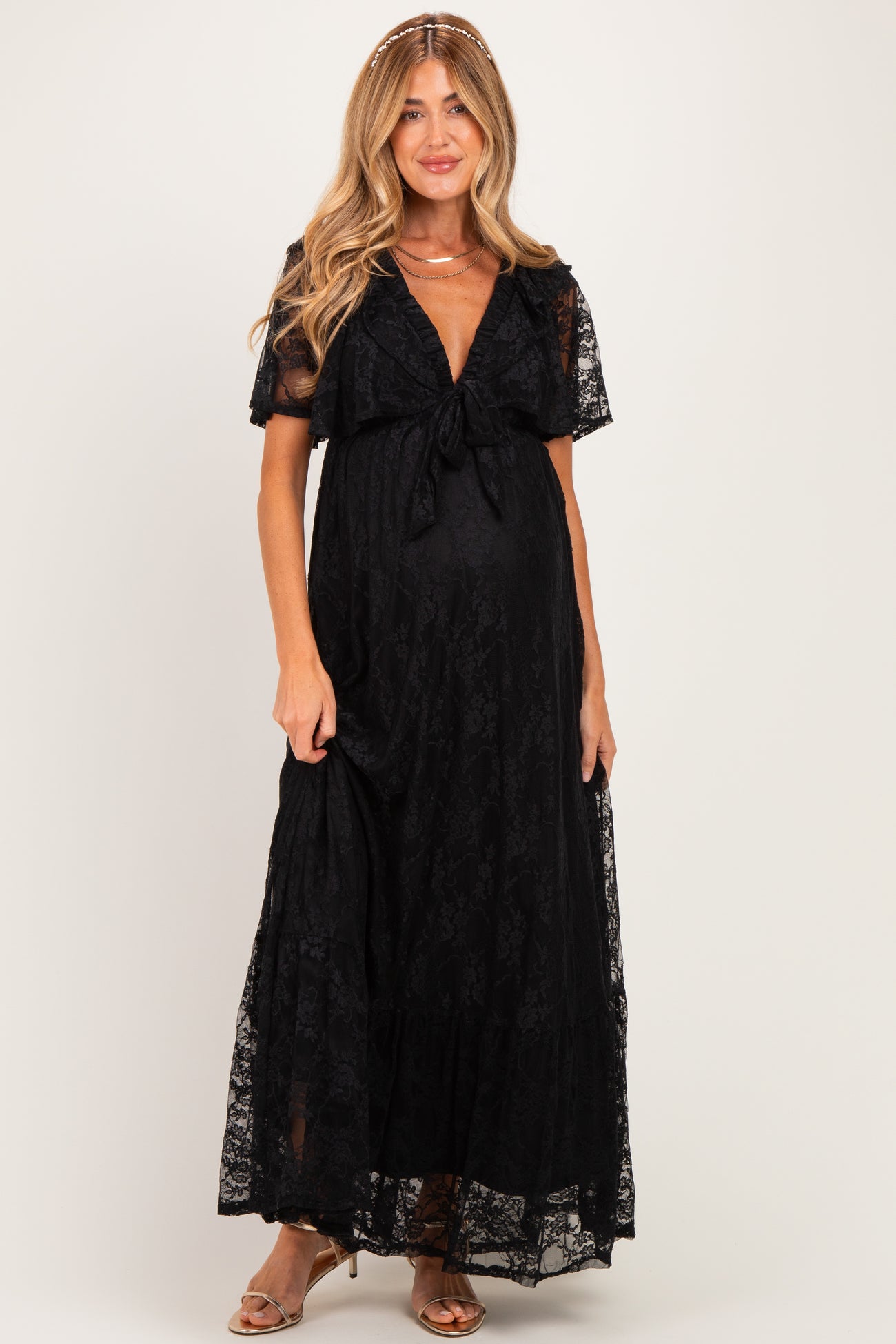 Black Lace Flutter Sleeve Tiered Maternity Maxi Dress