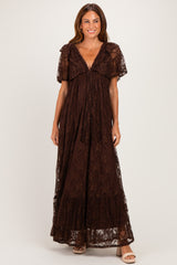 Brown Lace Flutter Sleeve Tiered Maxi Dress
