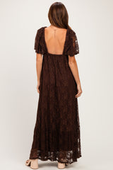 Brown Lace Flutter Sleeve Tiered Maxi Dress