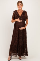 Brown Lace Flutter Sleeve Tiered Maternity Maxi Dress