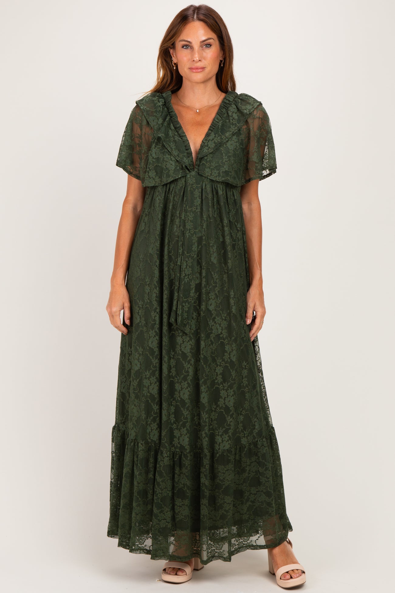 Olive Lace Flutter Sleeve Tiered Maternity Maxi Dress