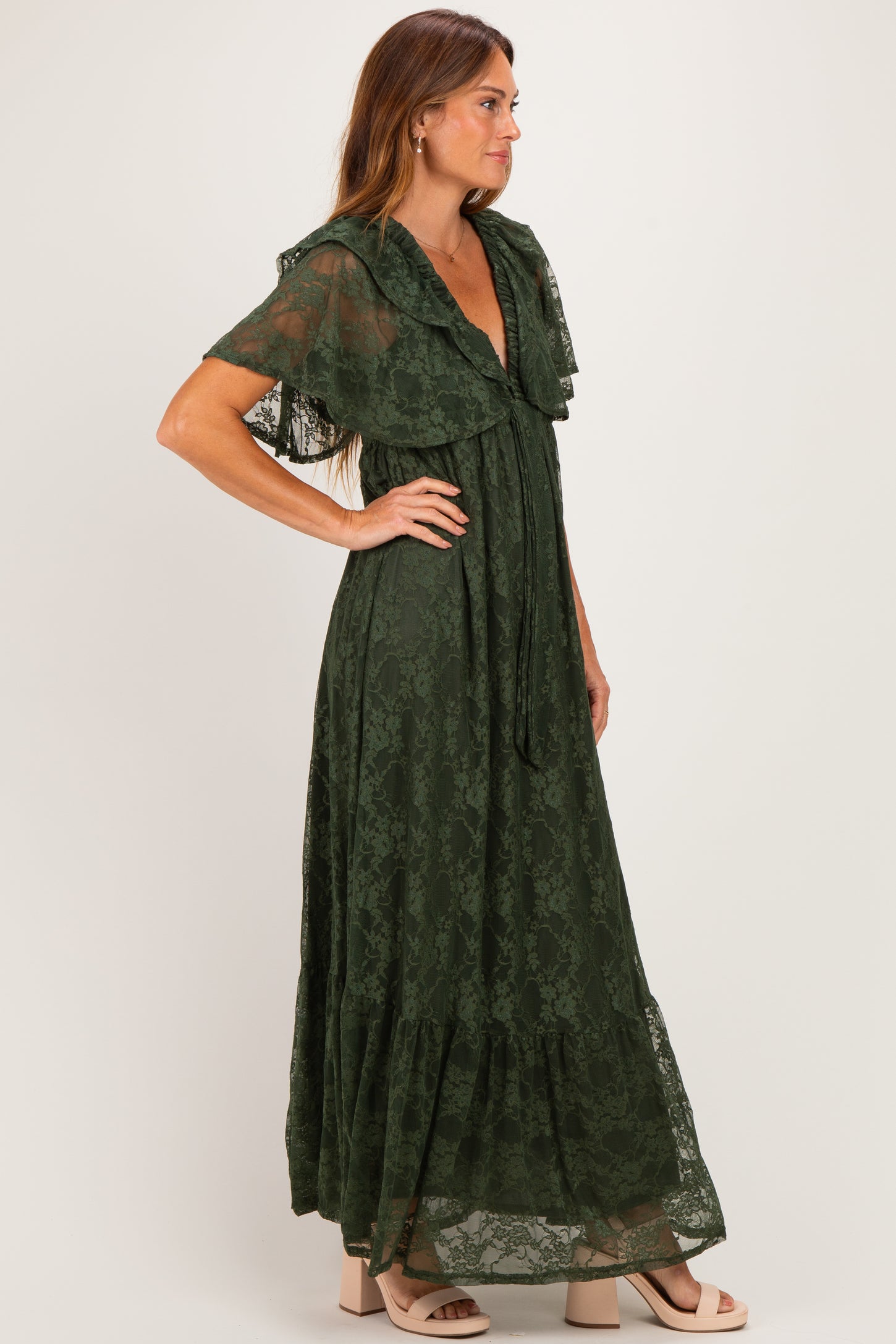 Olive Lace Flutter Sleeve Tiered Maxi Dress