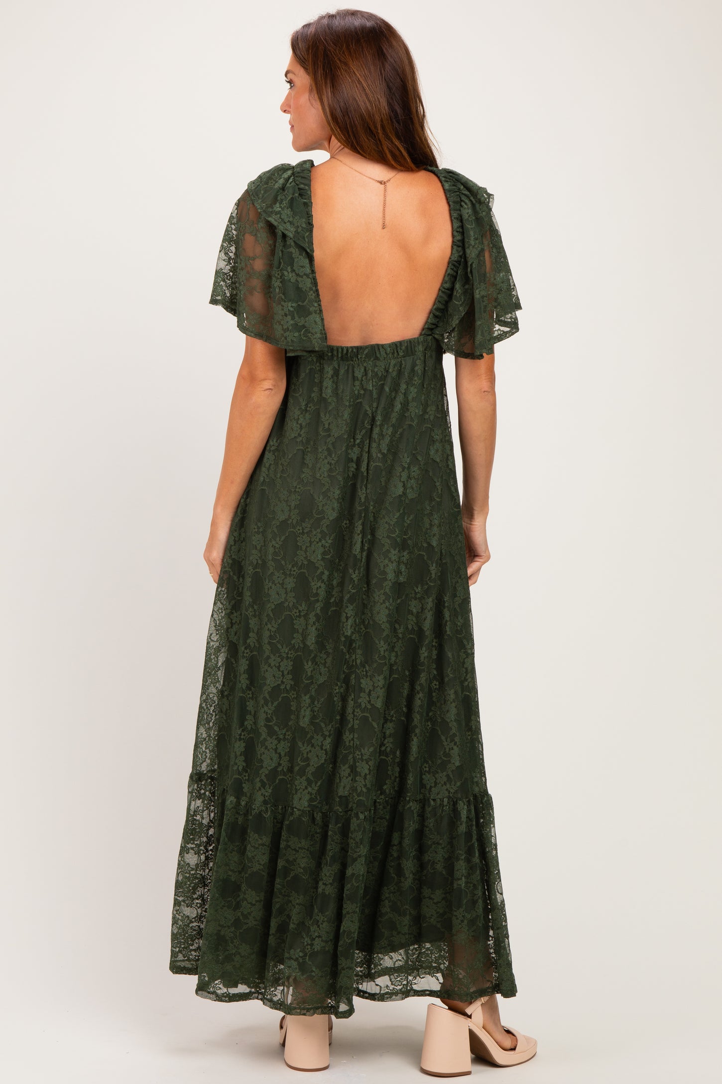 Olive Lace Flutter Sleeve Tiered Maxi Dress