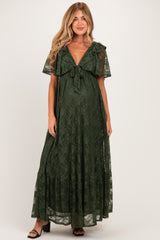 Olive Lace Flutter Sleeve Tiered Maternity Maxi Dress