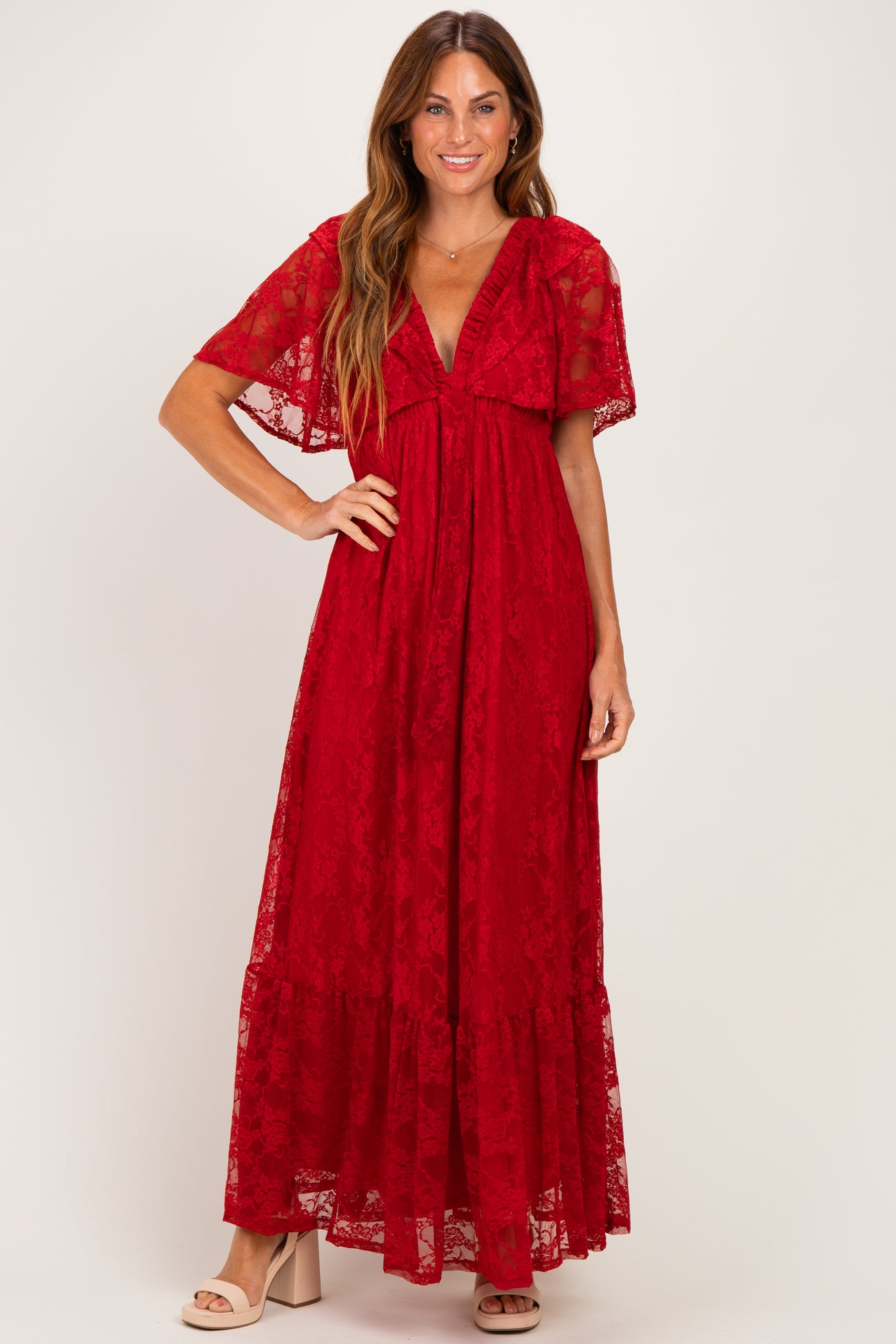 Red Lace Flutter Sleeve Tiered Maternity Maxi Dress