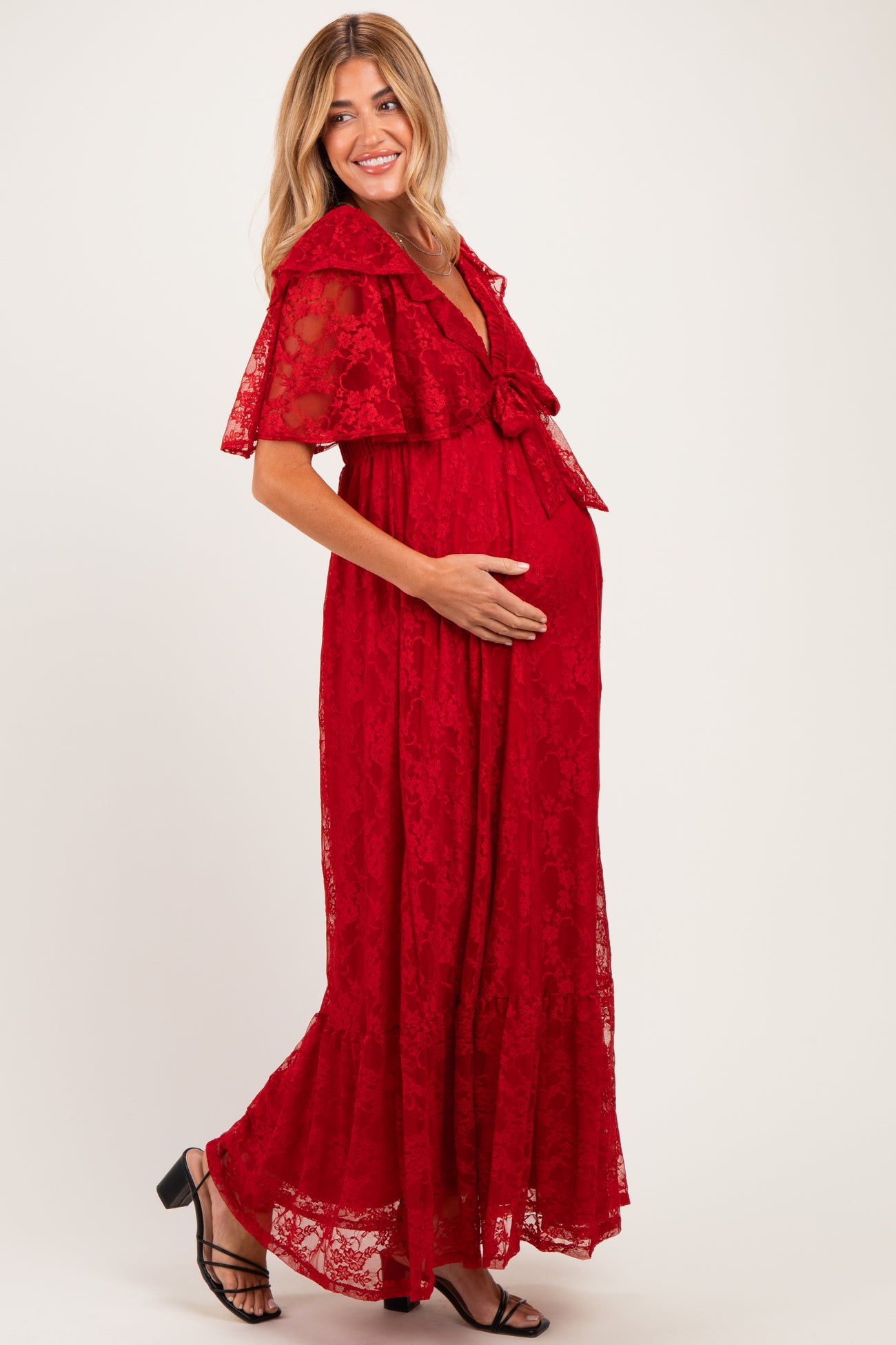 Red Lace Flutter Sleeve Tiered Maternity Maxi Dress