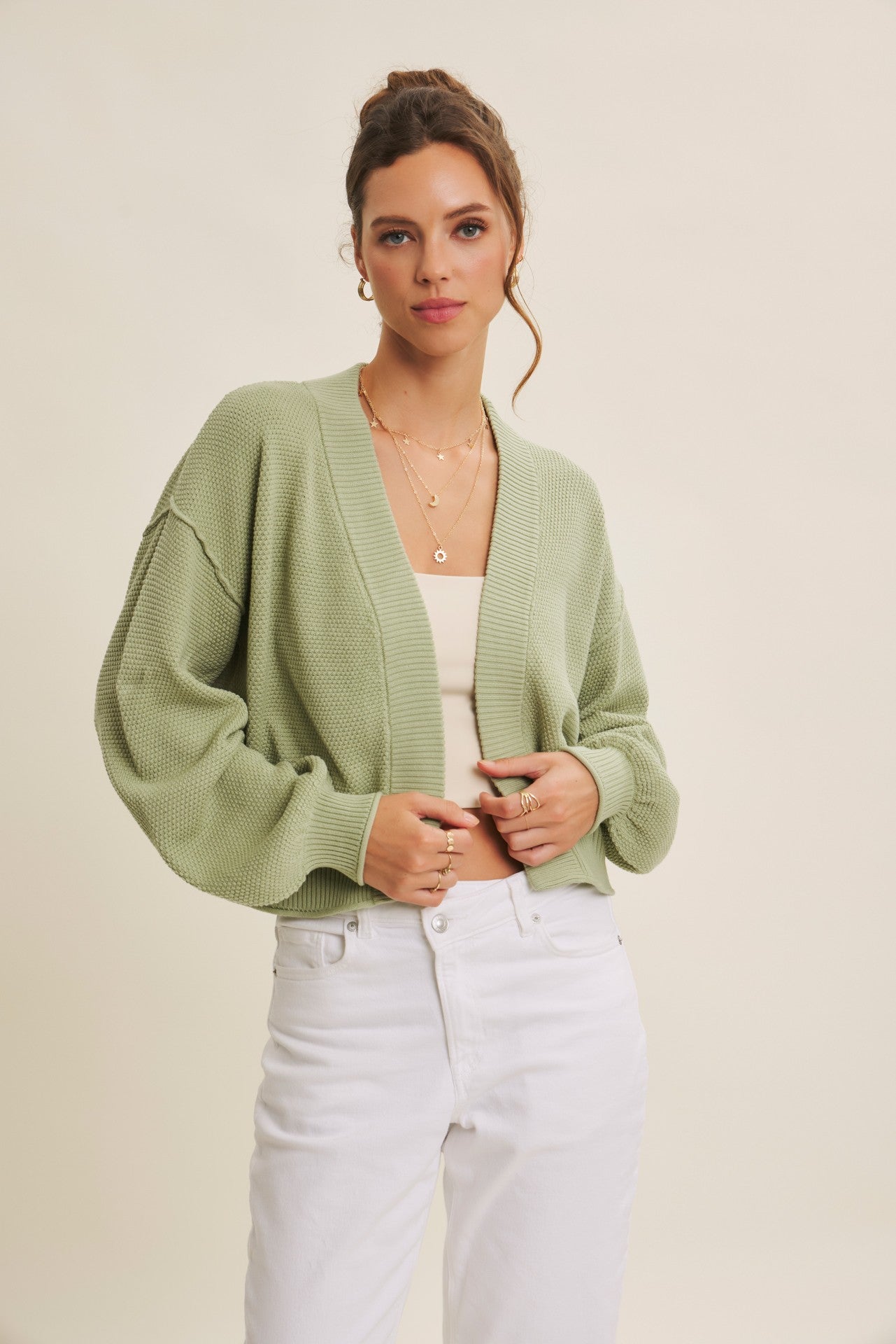 Pistachio Waffle Knit Balloon Sleeve Maternity Cardigan