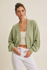 Pistachio Waffle Knit Balloon Sleeve Cardigan