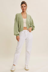 Pistachio Waffle Knit Balloon Sleeve Cardigan