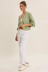 Pistachio Waffle Knit Balloon Sleeve Cardigan