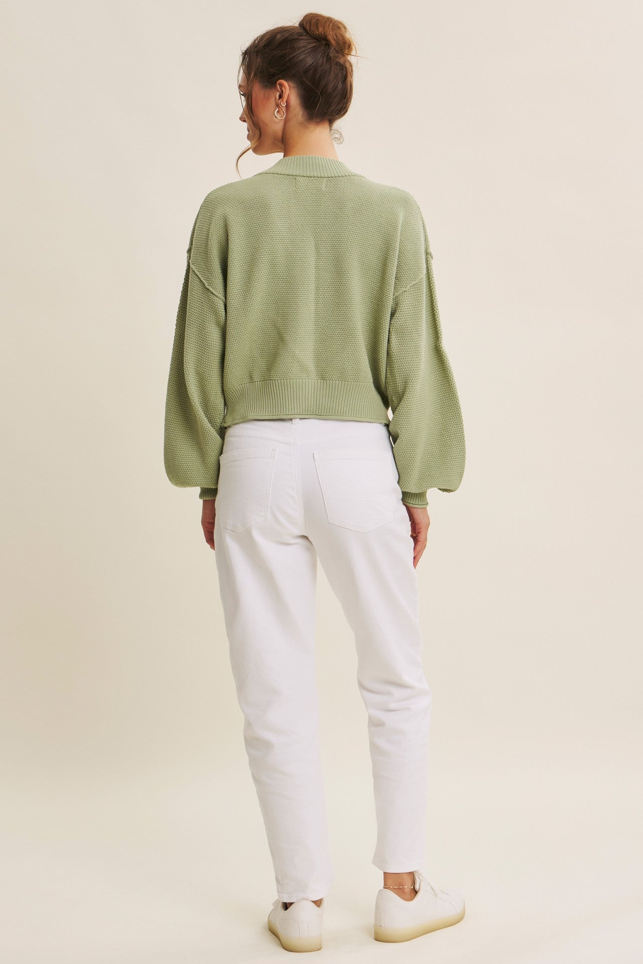 Pistachio Waffle Knit Balloon Sleeve Cardigan