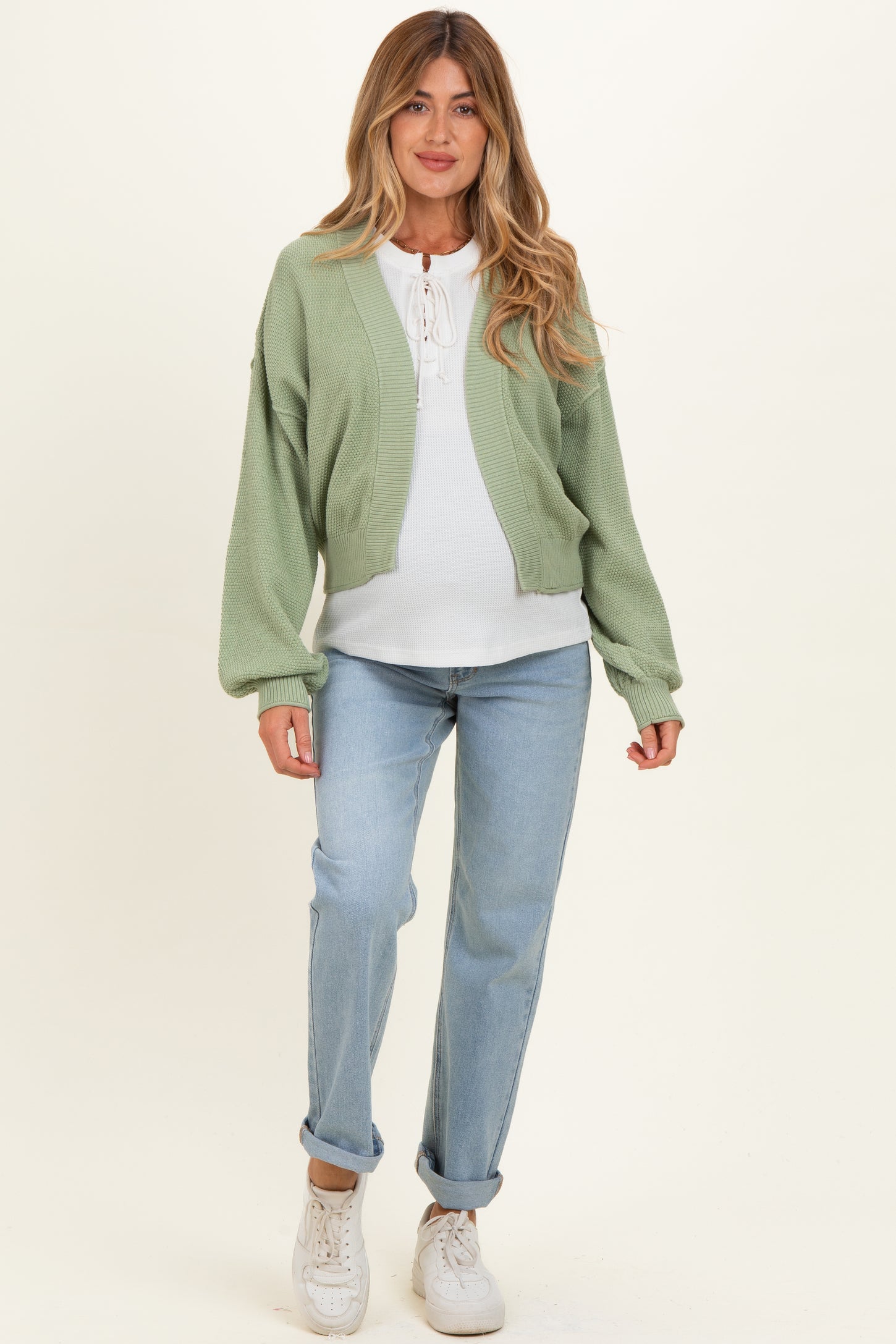 Pistachio Waffle Knit Balloon Sleeve Maternity Cardigan