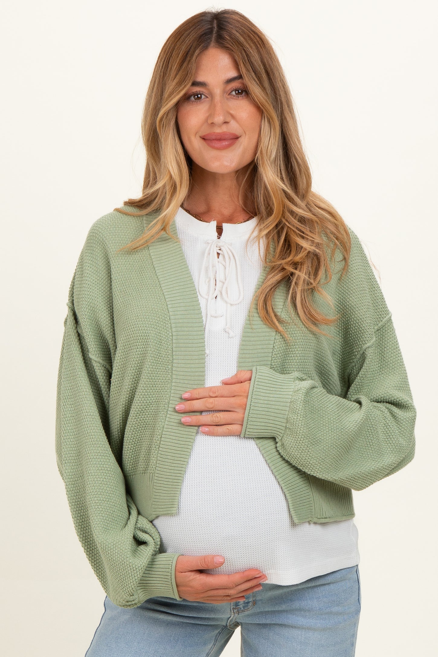 Pistachio Waffle Knit Balloon Sleeve Maternity Cardigan