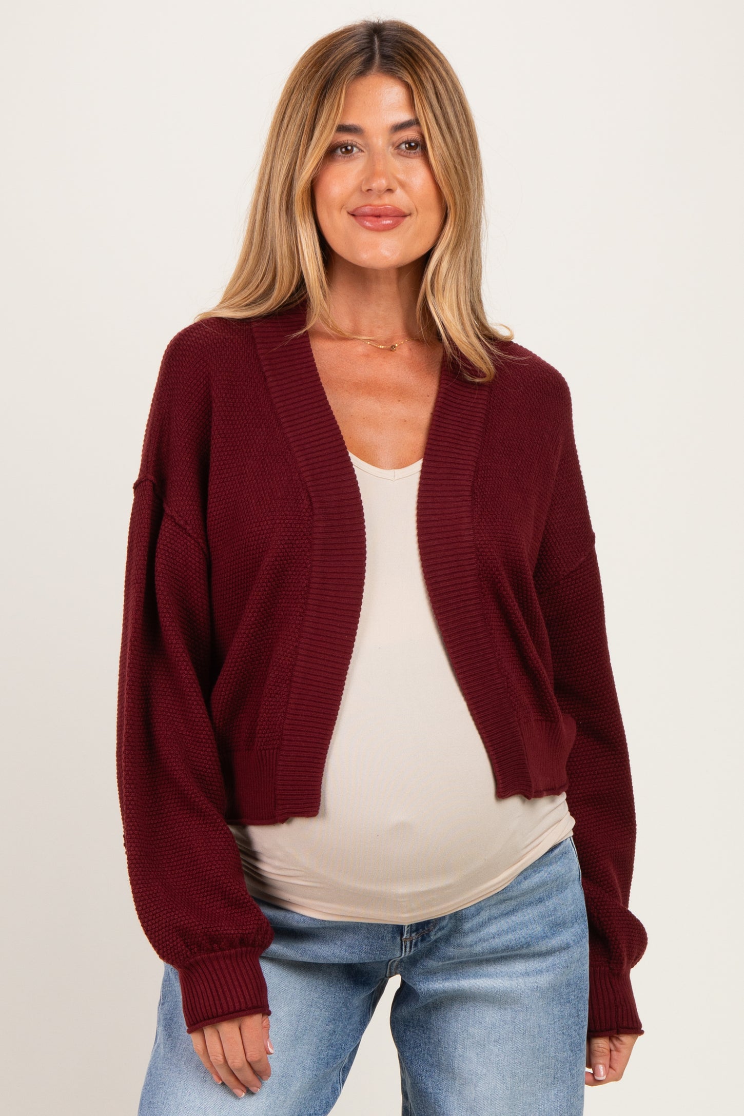 Burgundy Waffle Knit Balloon Sleeve Maternity Cardigan