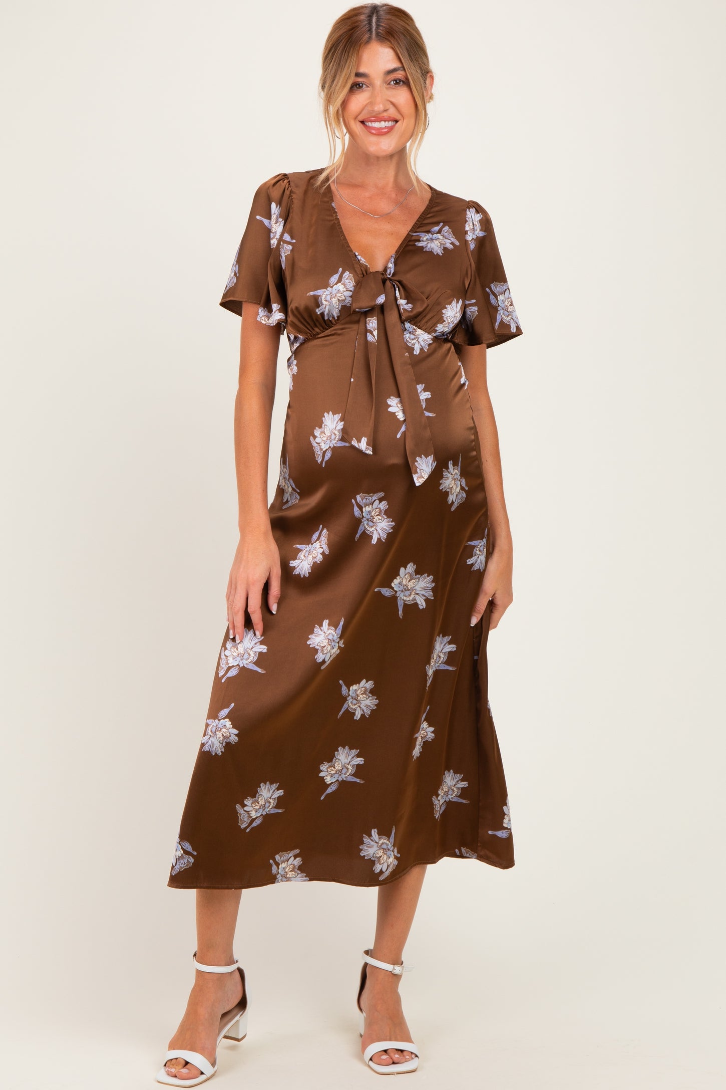 Brown Satin Floral Flutter Sleeve Maternity Midi Dress