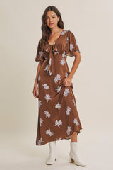 Brown Satin Floral Flutter Sleeve Maternity Midi Dress
