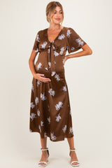 Brown Satin Floral Flutter Sleeve Maternity Midi Dress