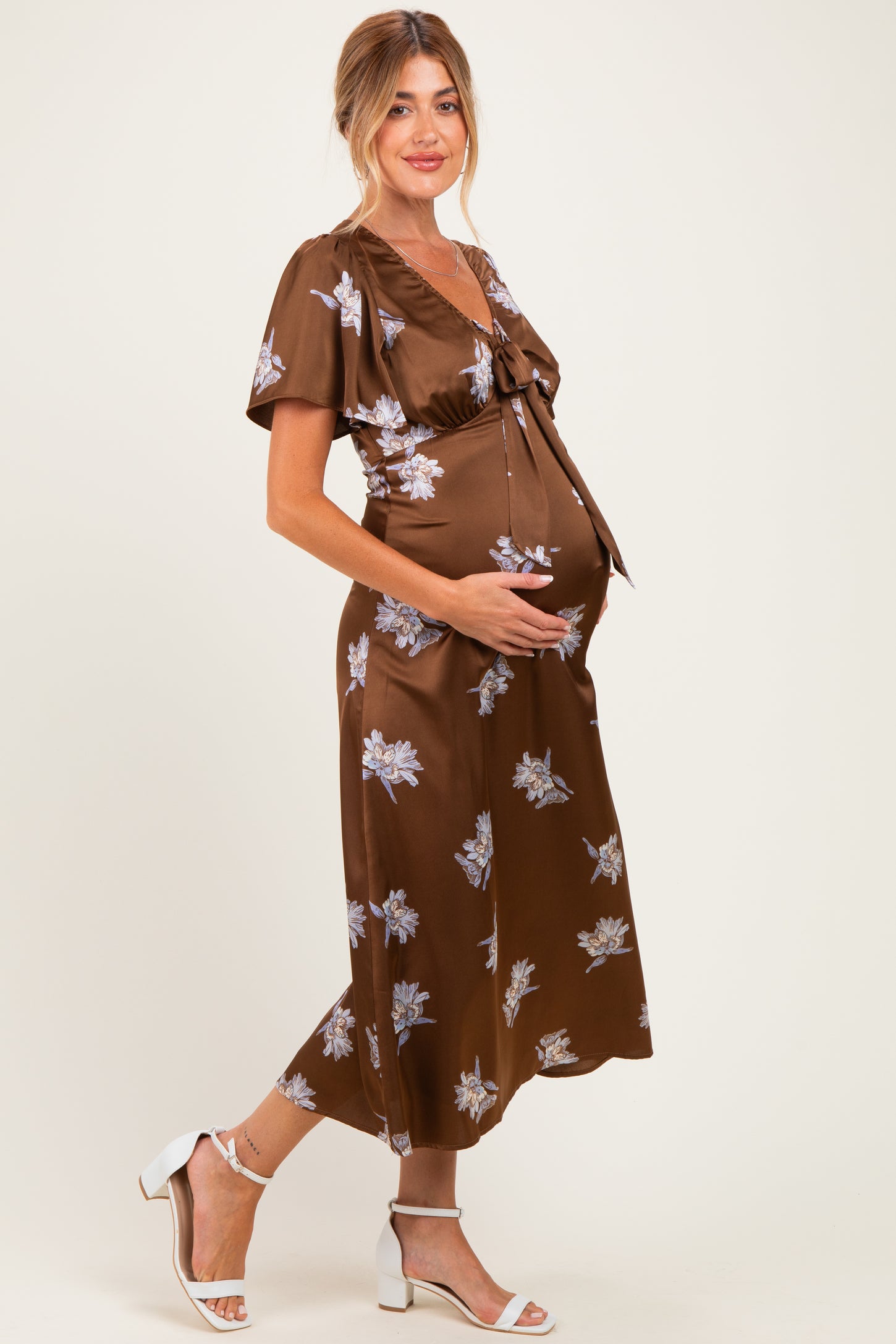 Brown Satin Floral Flutter Sleeve Maternity Midi Dress