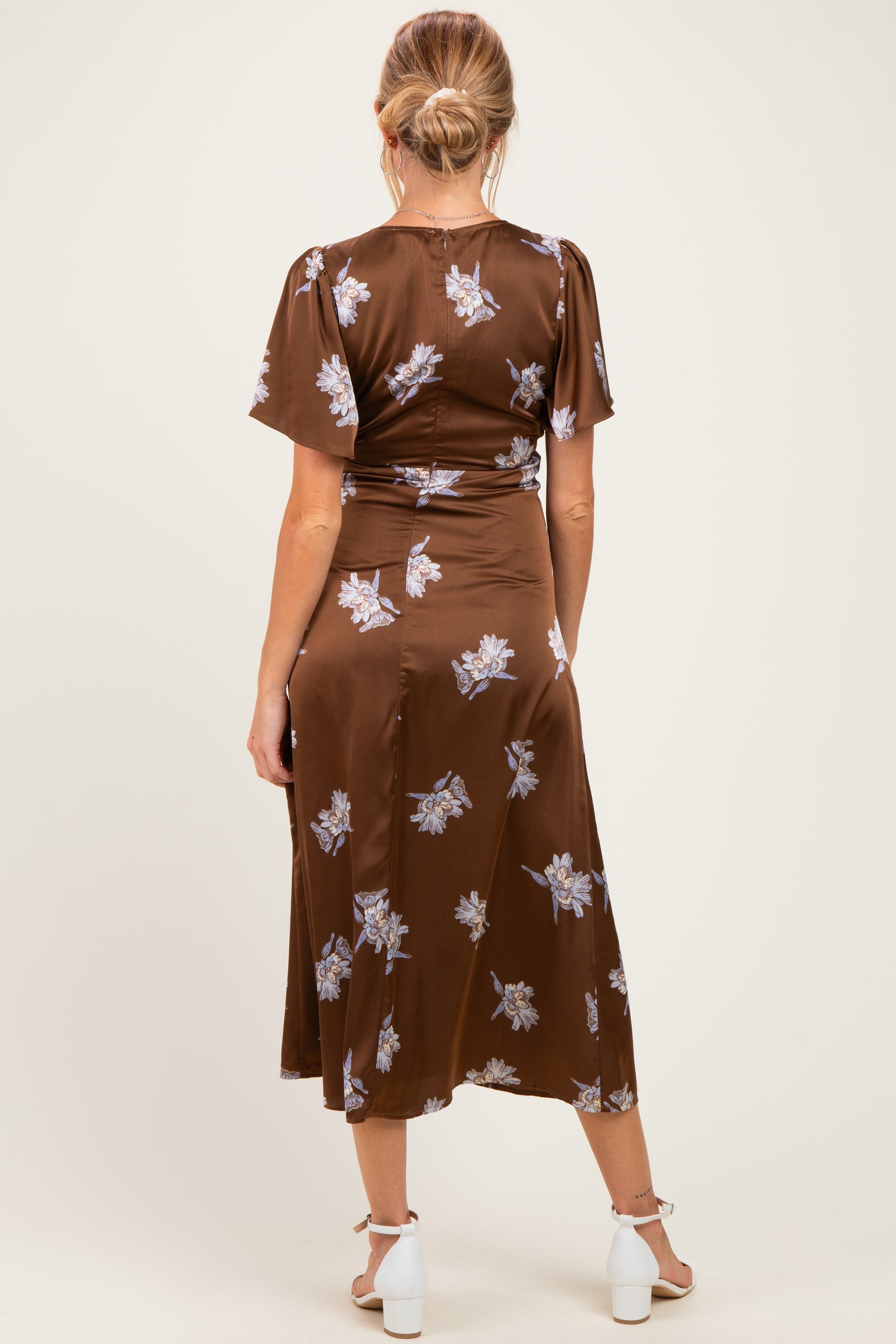 Brown Satin Floral Flutter Sleeve Maternity Midi Dress