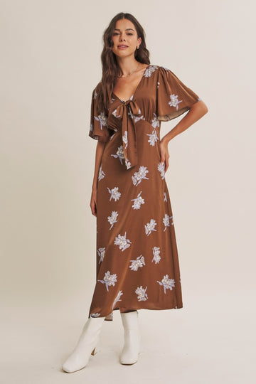 Brown Satin Floral Flutter Sleeve Midi Dress