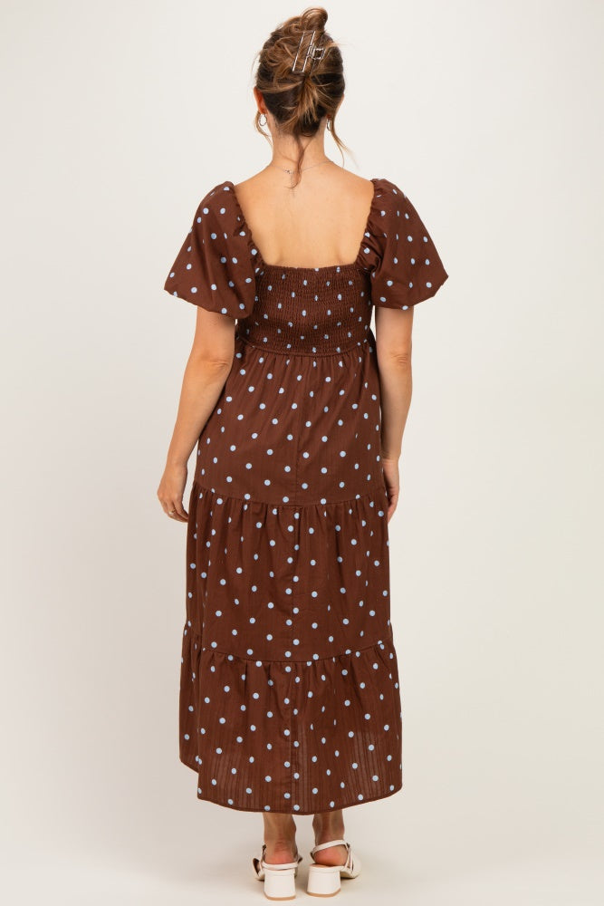 Brown Polka Dot Pleated Bust Maternity Midi Dress