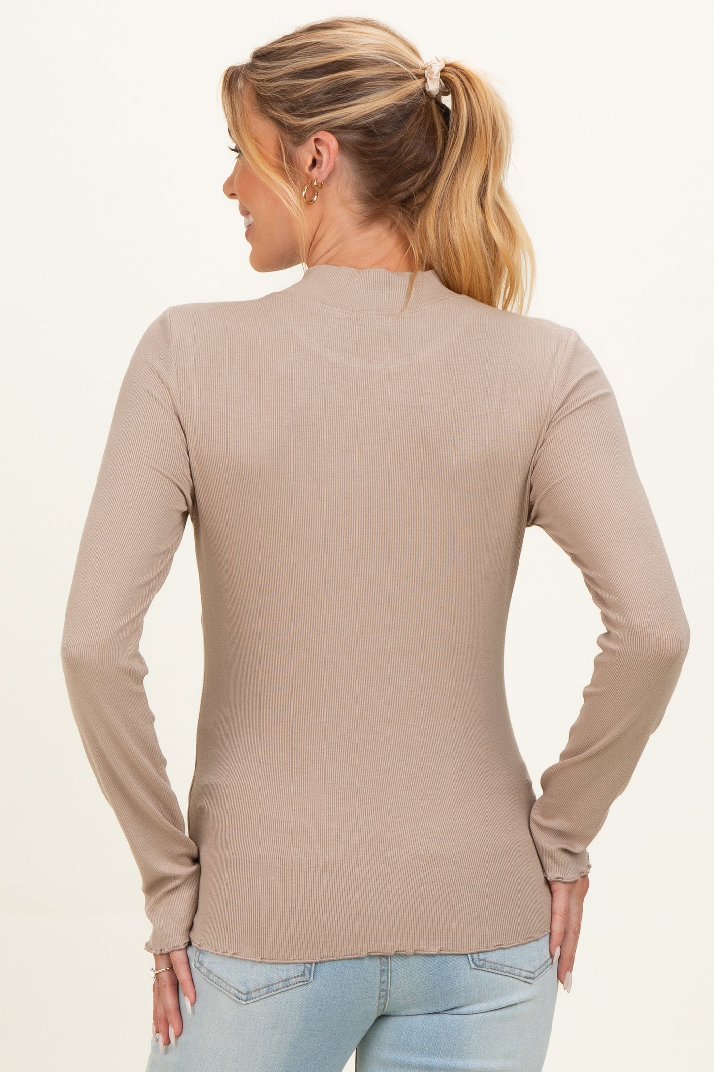 Light Taupe Mock Neck Ribbed Knit Maternity Top