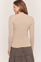 Light Taupe Mock Neck Ribbed Knit Top