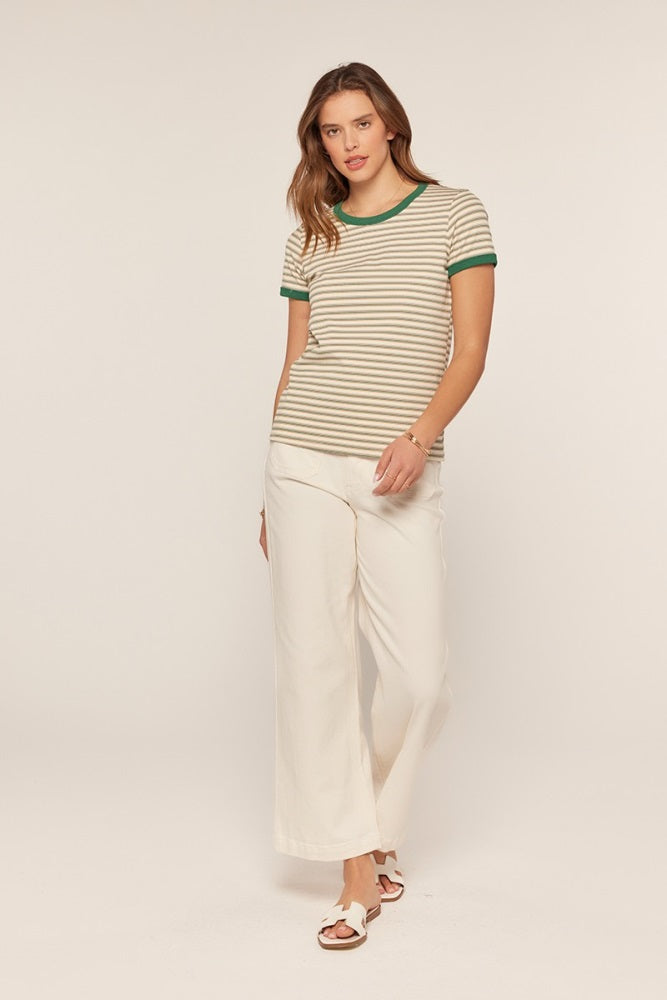 Green Striped Ribbed Knit T-Shirt