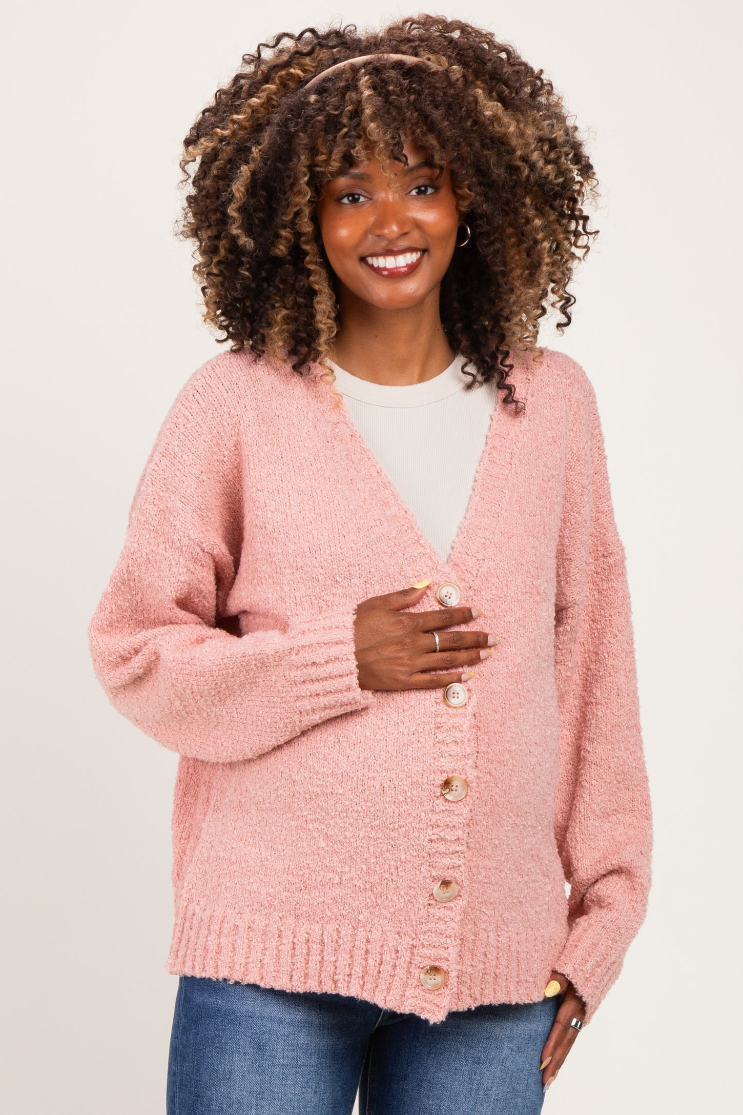 Ballet Pink Chenille Knit Button Front Maternity Cardigan