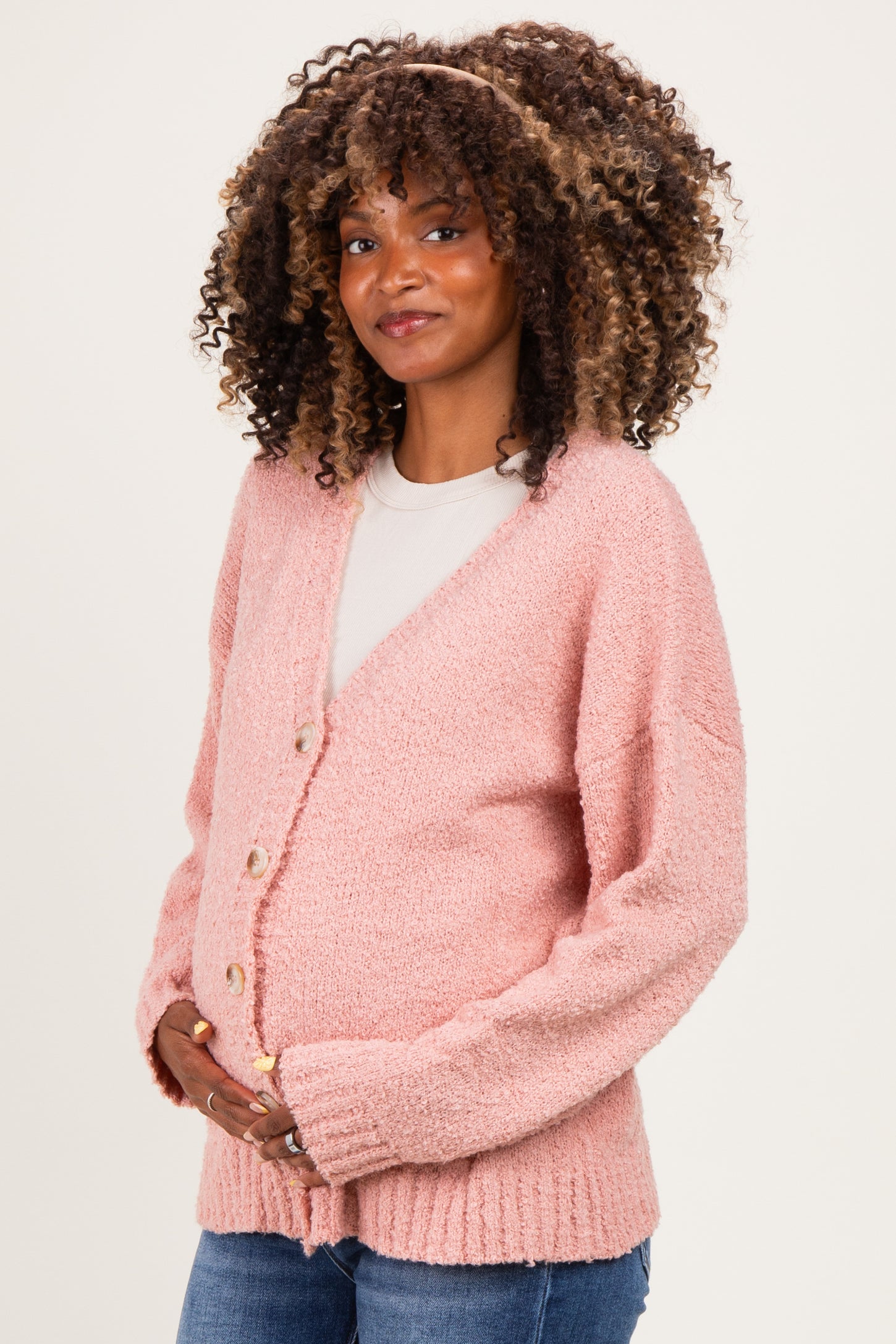Ballet Pink Chenille Knit Button Front Maternity Cardigan