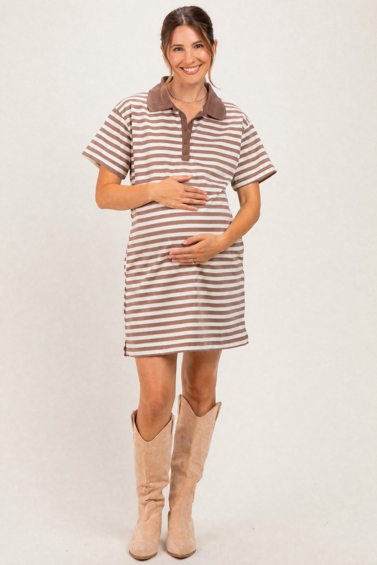 Chestnut Striped Polo Maternity T-Shirt Mini Dress