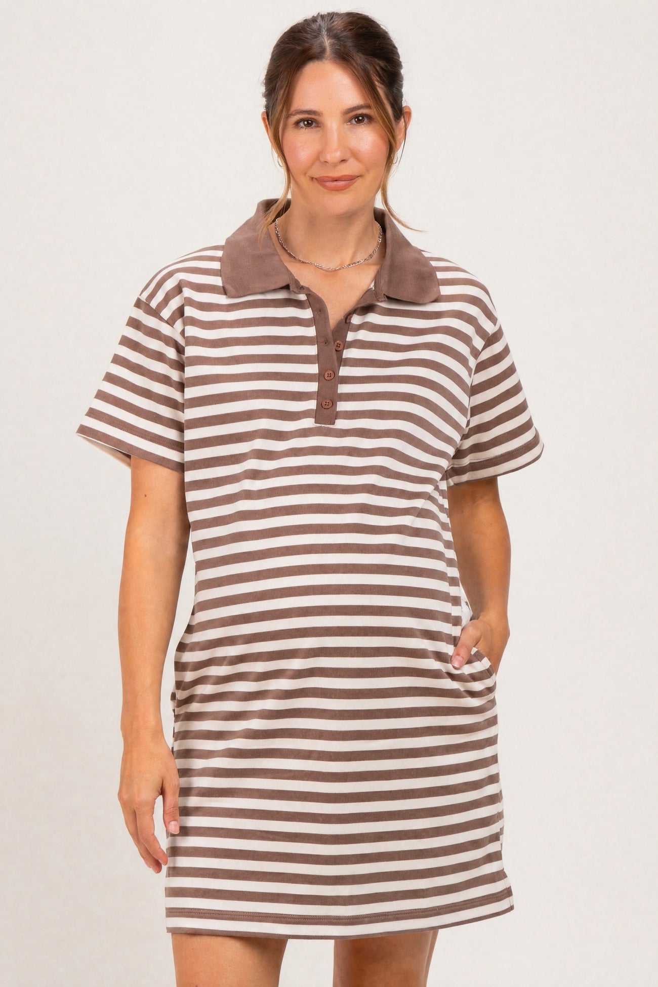 Chestnut Striped Polo Maternity T-Shirt Mini Dress
