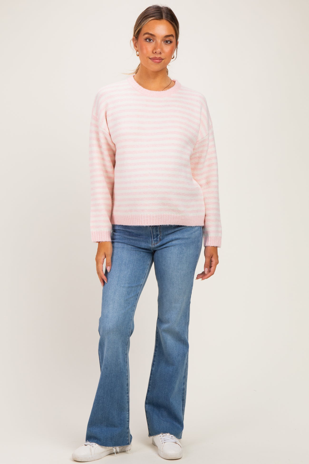 Ballet Pink Brushed Knit Striped Maternity Sweater